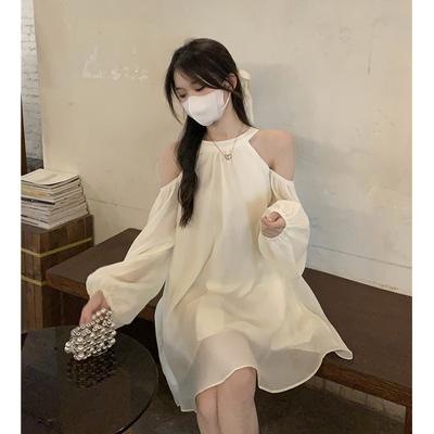 Vestito estivo con spalle scoperte, da donna, con maniche a sbuffo, dolce, casual, coreano, largo, abito da sera primaverile