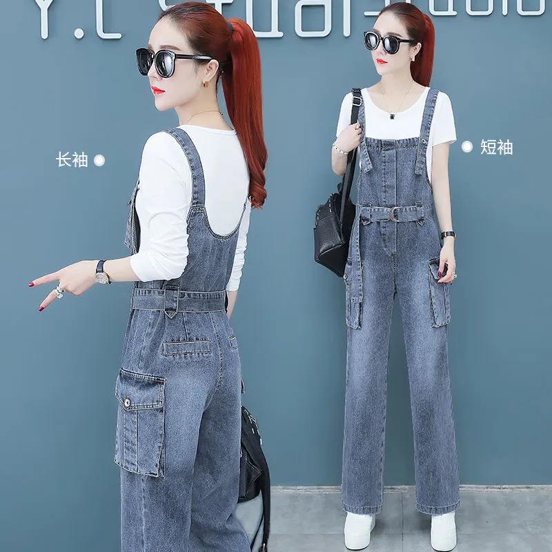 Salopete din denim pentru femei, primăvară și toamnă, pantaloni largi la modă cu buzunar