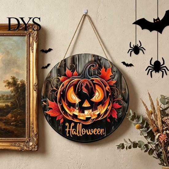 Autumn Atmosphere Hanging Ornament Halloween Wooden Door Hanger Sign, Flame Pumpkin Maple Leaf Printed Round Plaque, Hemp Rope Decor Waterproof