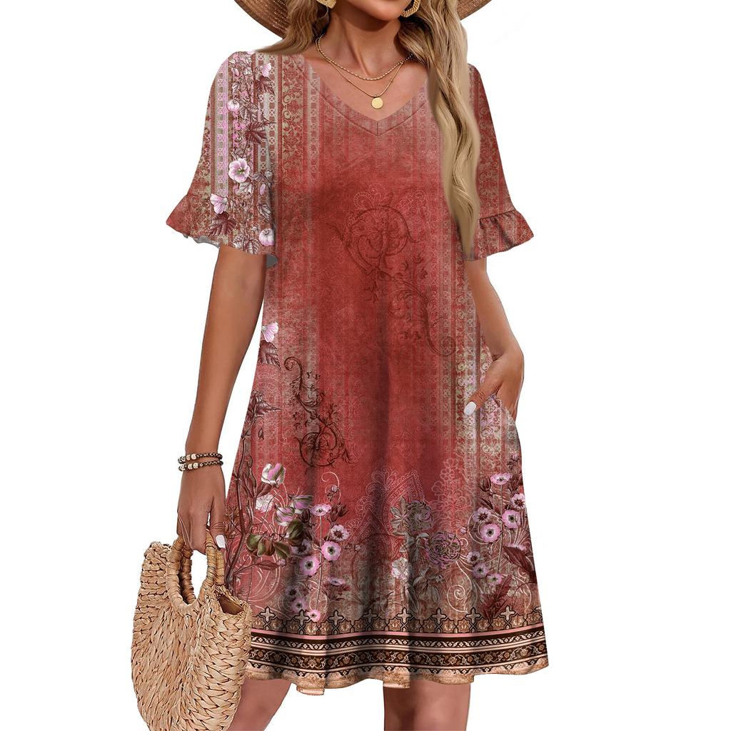 Damen A-Linie Sommerkleid Kurzarm V-Ausschnitt Bedrucktes Kleid Mit Taschen