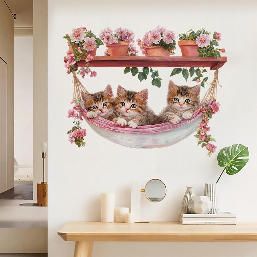Artistic Potted Plant Kitten in Hammock Wall Stickers, Self-Adhesive Decor for Study Room Bedroom Kids Room Decoration