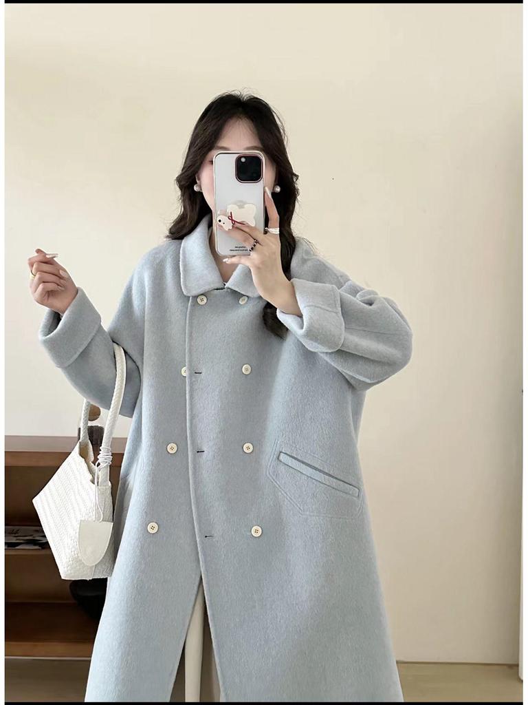 New Korean Style Double-Breasted Candy Color Wool Coat with Peter Pan Collar for Girls - Autumn/Winter Collection.