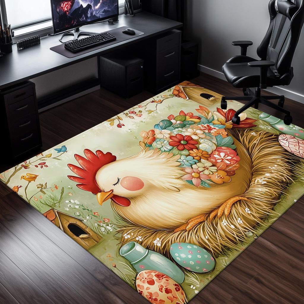 Cute Chicken Floral Design Crystal Velvet Rug Living Room Decor Easter Theme Home Decoration Soft Floor Mat Cozy Family Space