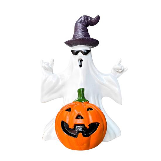 Halloweenská soška ducha a dýně, strašidelný klobouk čaroděje, sluneční brýle, pryskyřičná figurka ducha, socha, sváteční párty, domácí stolní dekorace, ozdoba
