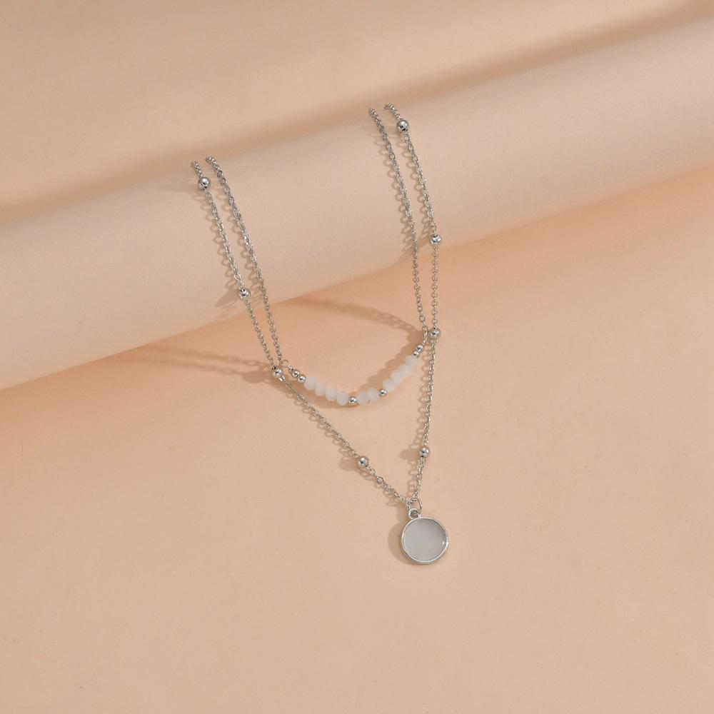 New product, moonstone pendant, metal double-layer stacked necklace, rice bead beaded neck chain 2-piece set