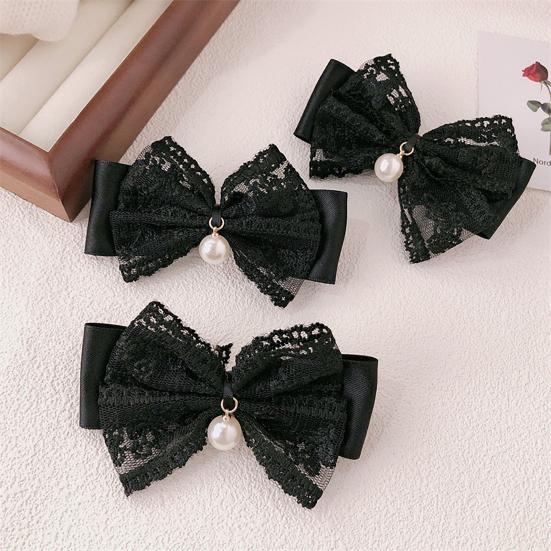 Hair Tie Ribbon Lace Bowknot Decor Imitation Pearl Pendant High Elastic Rubber Band Hair Rope Hair Accessories