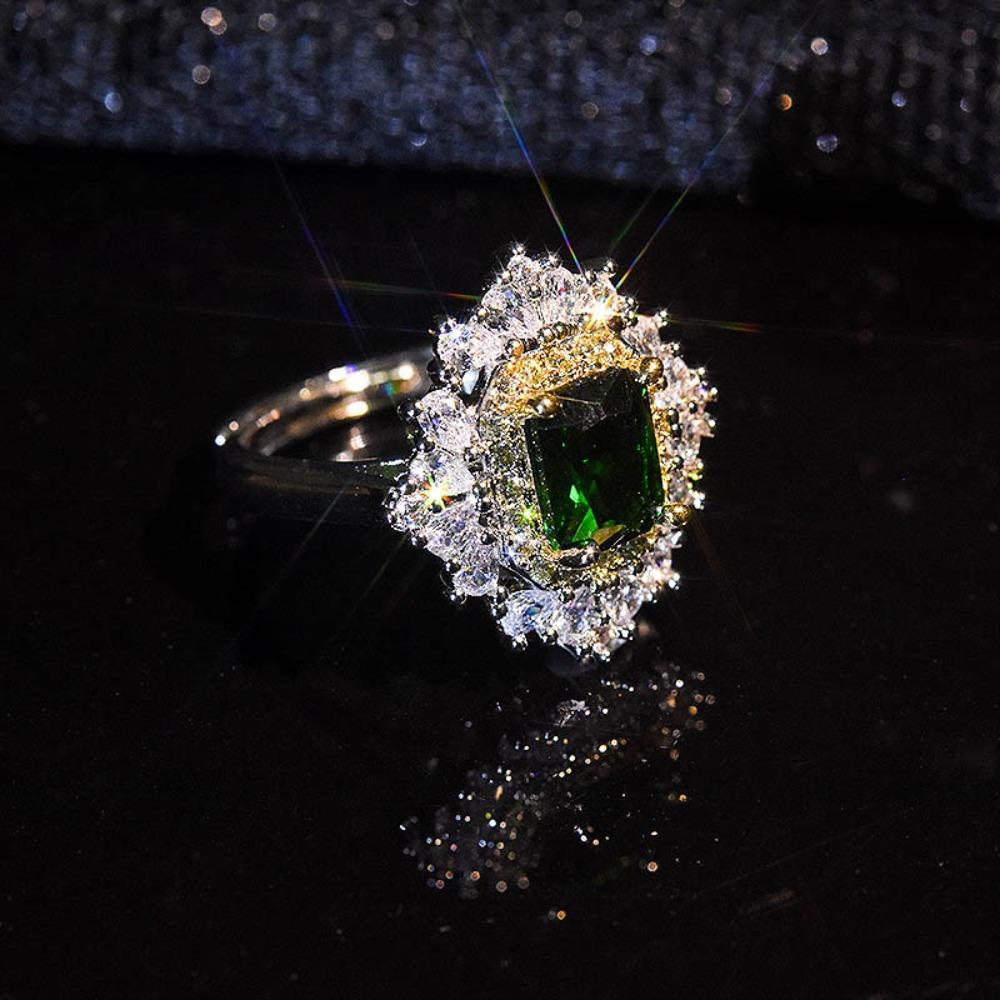 Luxury Open Ring Emerald Imitation Green Gemstone Double Tone Full Diamond Wedding Band for Women