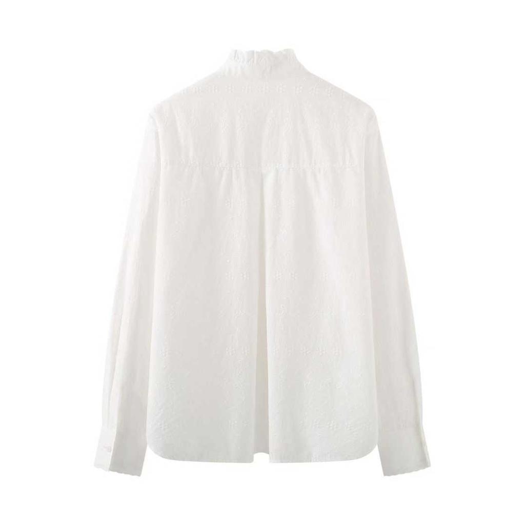 1116 New Spring Women's Clothing Fungus Edge Embroidered Hollow Lace-Up Open Shirt White Long Sleeve Top 116118