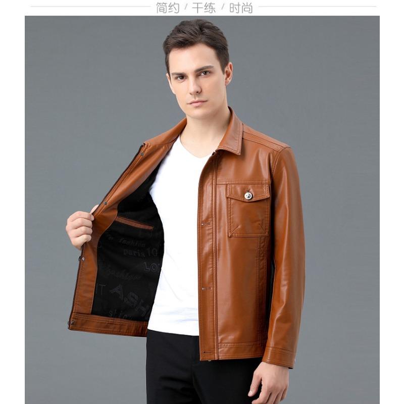 Luxurious New Men's Leather Jacket Autumn and Winter New Men's Handsome Leather Jacket with Pockets Korean Style Lapel Jacket
