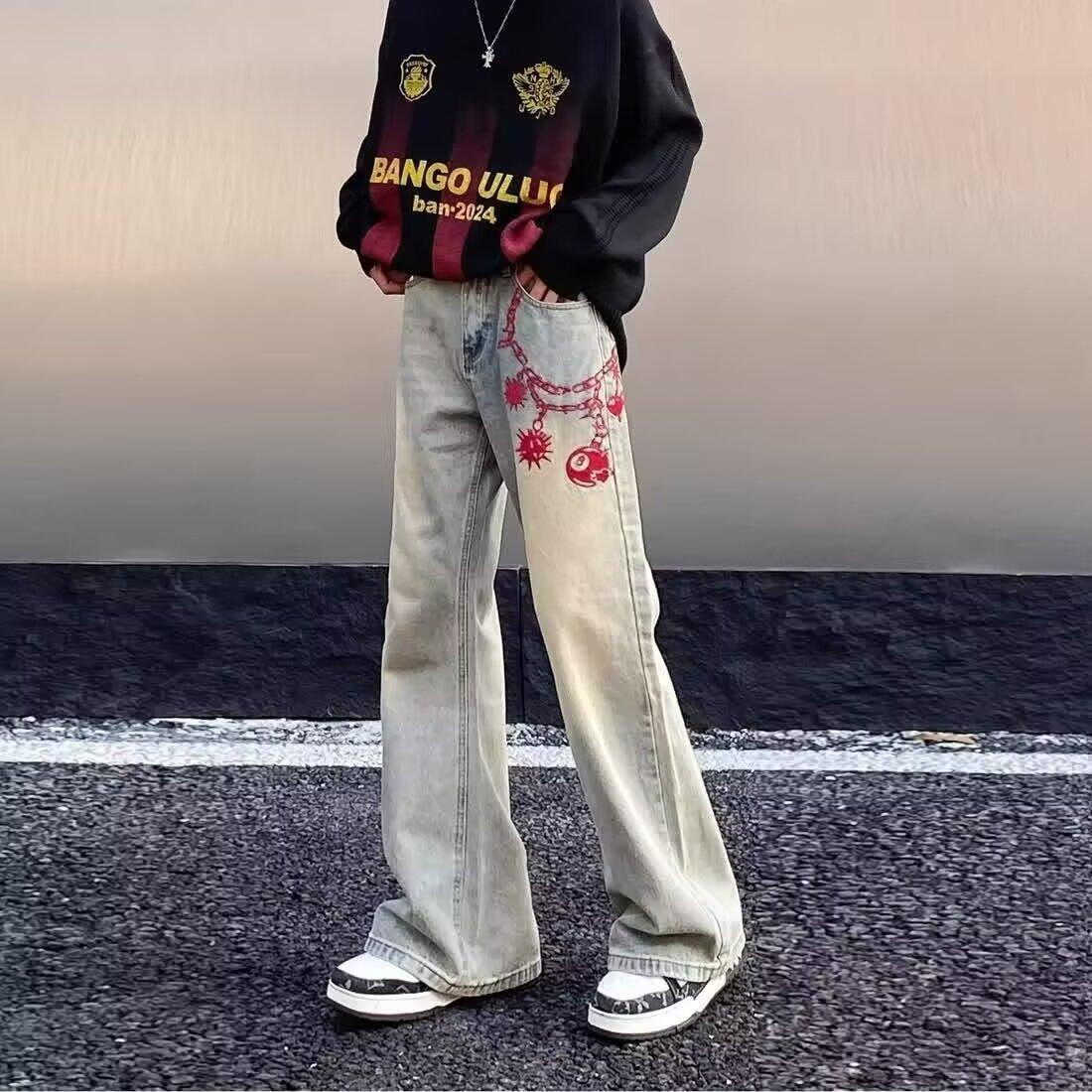 Джинсы с вышивкой, окрашенные желтой глиной, мужские, уличный стиль, американский ретро, вымытые, старые, прямые, свободные, микро-клеш, широкие брюки 3XL