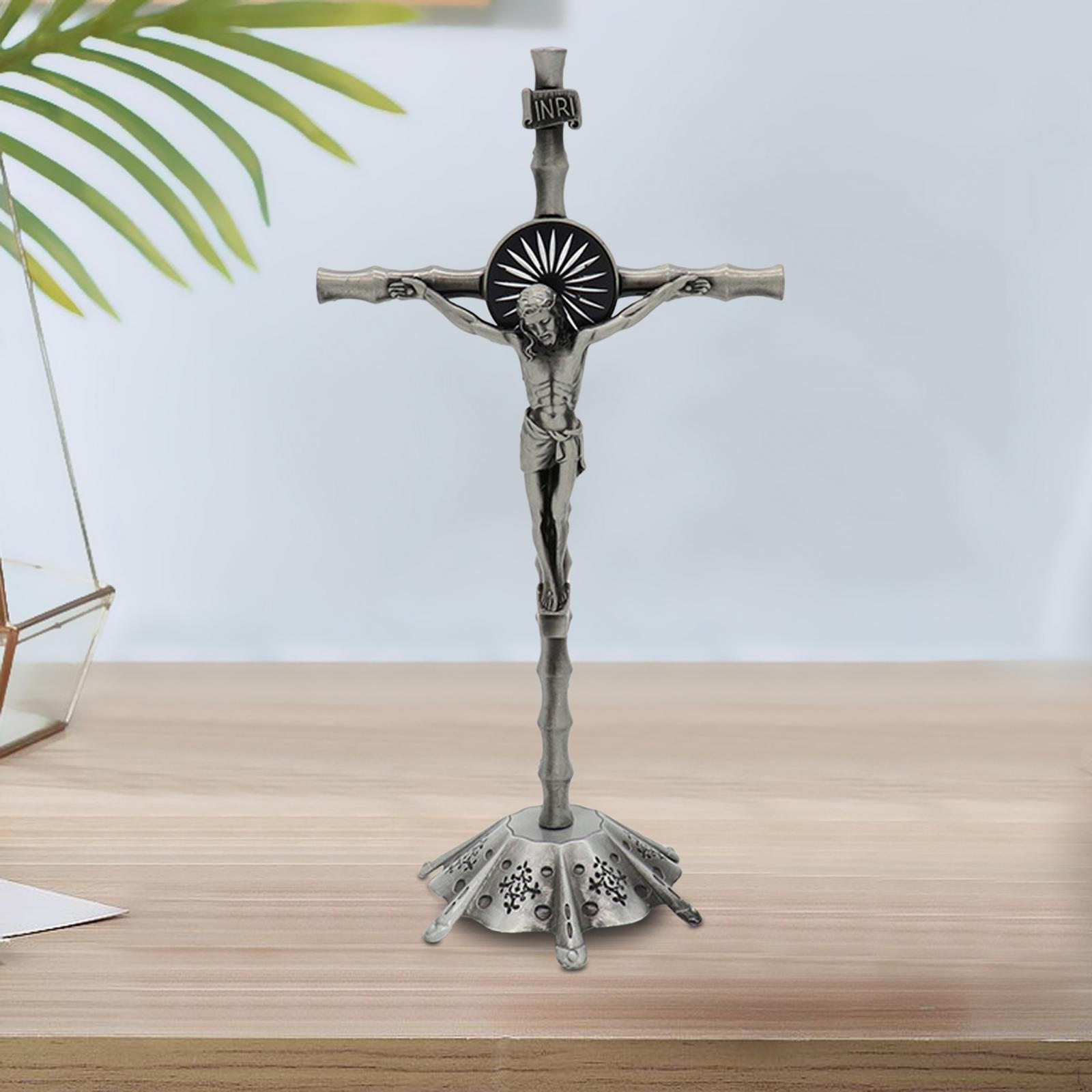 Cross Crucifix Wall Statue Figurine Tabletop Prayer Standing with retro Argent