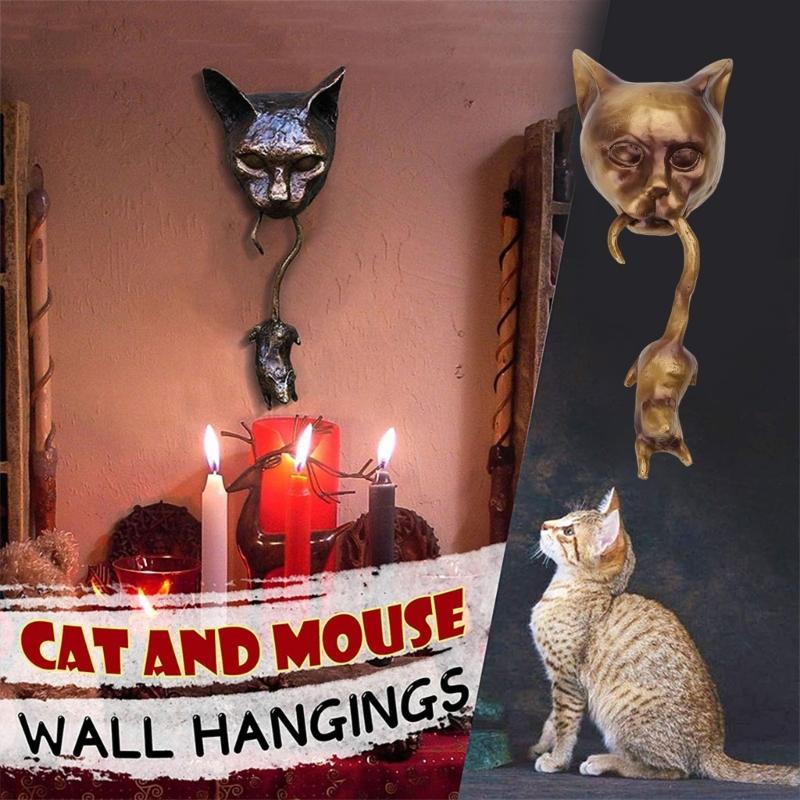 Cats Door Knocker Sculpture Cats & Mouse Ornaments Decorative Cats Mouse Deterrent Decoration Front Door Wall H
