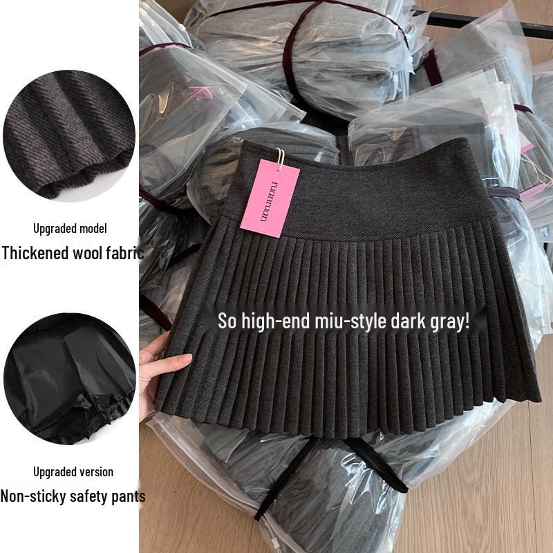 Gray Wool A-line Pleated Skirt - Women's Petite High Waist, Slimming, Short, Autumn/Winter 2025.