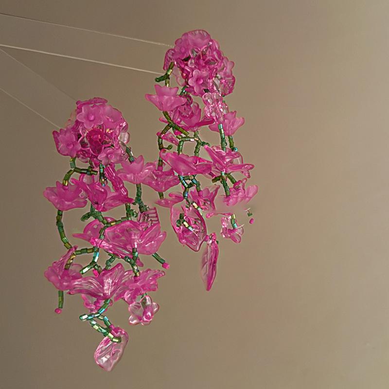 Pink acrylic glass beads flower fringed earrings fashionable fresh studs sweet versatile earrings