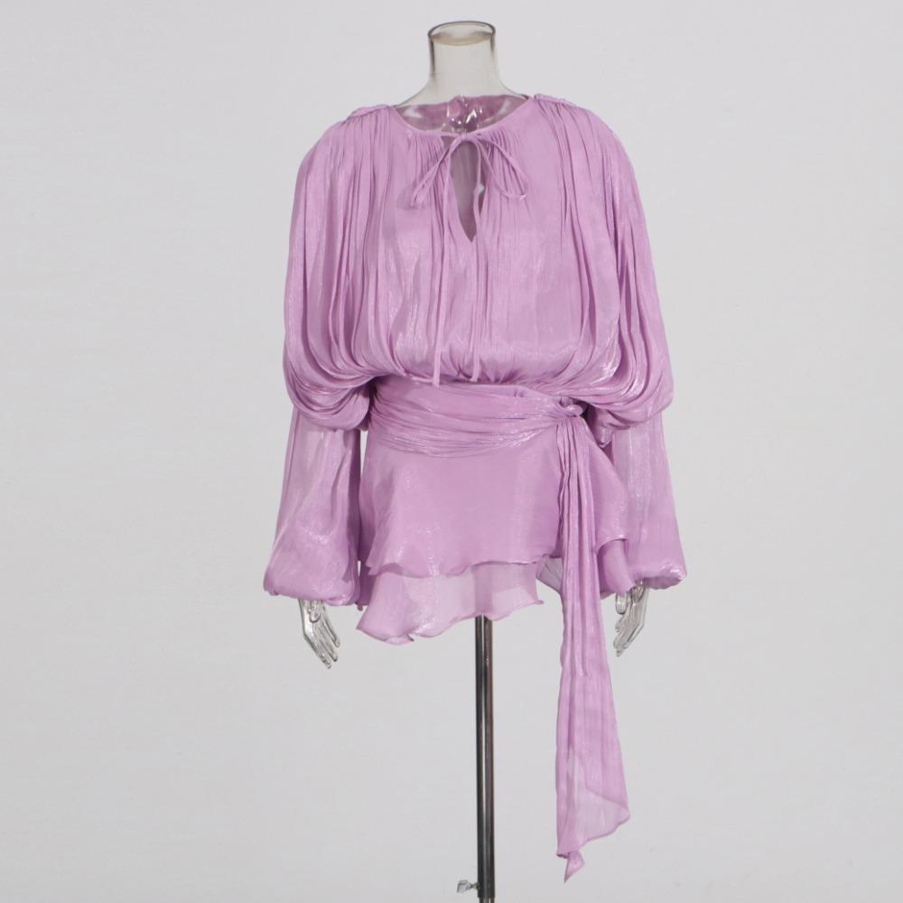 Solide Patchwork Schnürkleider für Damen O-Ausschnitt Langarm Hohe Taille Gespleißte Falten Temperament Kleid Damenmode