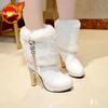 Rhinestone High Heels Leather Women's Snow Boots Winter Padded Chic and Elegant Furry Ladies Shoes New Rock Booties On Promotion