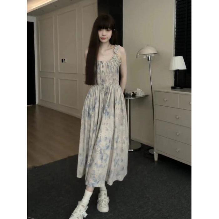 Oxygen girlfriend, new floral tea break French dress, sleeveless blue dress, small fresh outer wear S