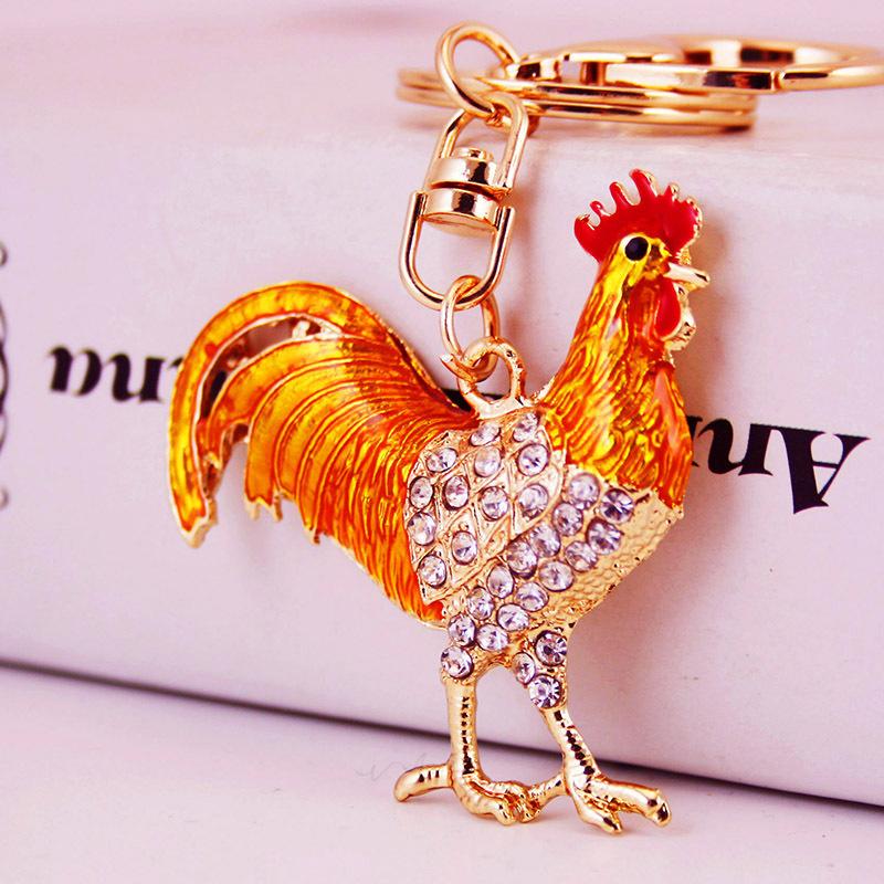 Bunte Strass Hahnen Hühner Schlüsselanhänger Luxus Metall Chinesisches Tierkreiszeichen Hühner Schlüsselanhänger Handtaschen Anhänger Schmuck Zubehör