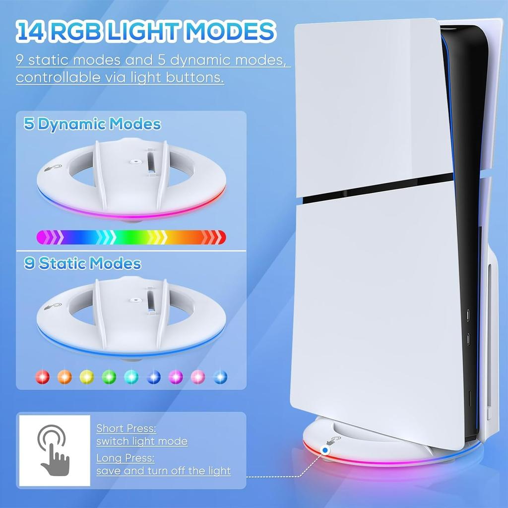 Vertical Stand for PS5 Slim Console Disc and Digital with 14 Light Mode, RGB Base Stand for PS5 Slim Console