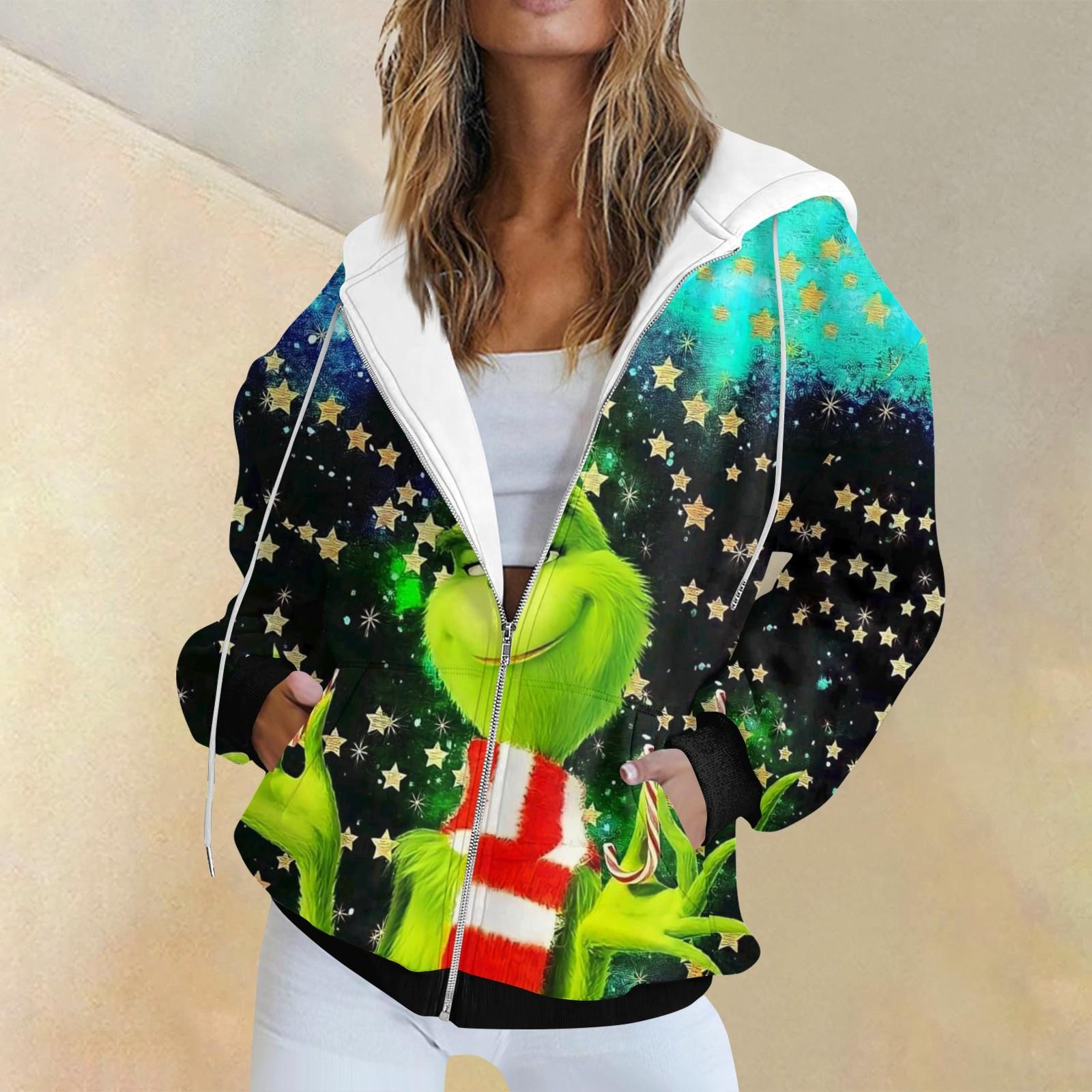 

Женская модная повседневная толстовка с рождественским принтом и длинными рукавами, карманная куртка, пальто с капюшоном на молнии M зелёный