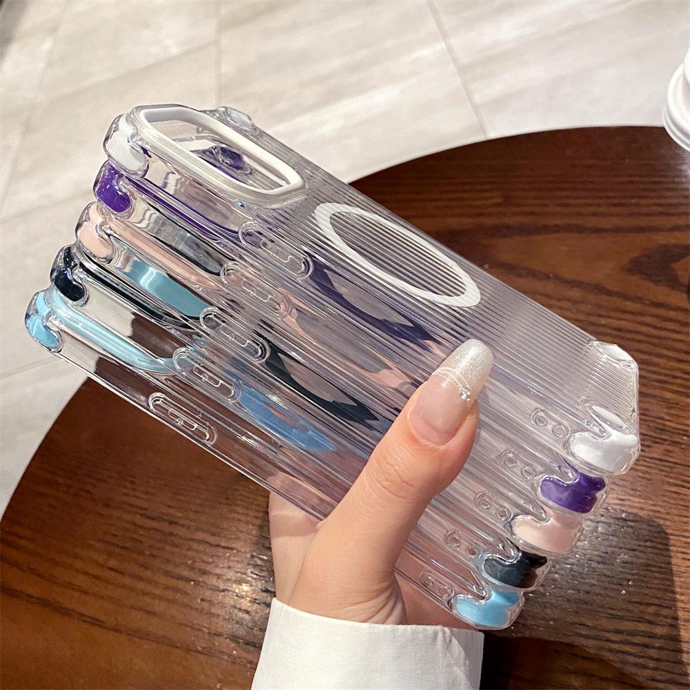 Clear 3D StripeTexture Magnetic Wireless Charging For Magsafe Case For iPhone 11 12 13 14 15 16 Pro Max Plus Soft Silicone Cover