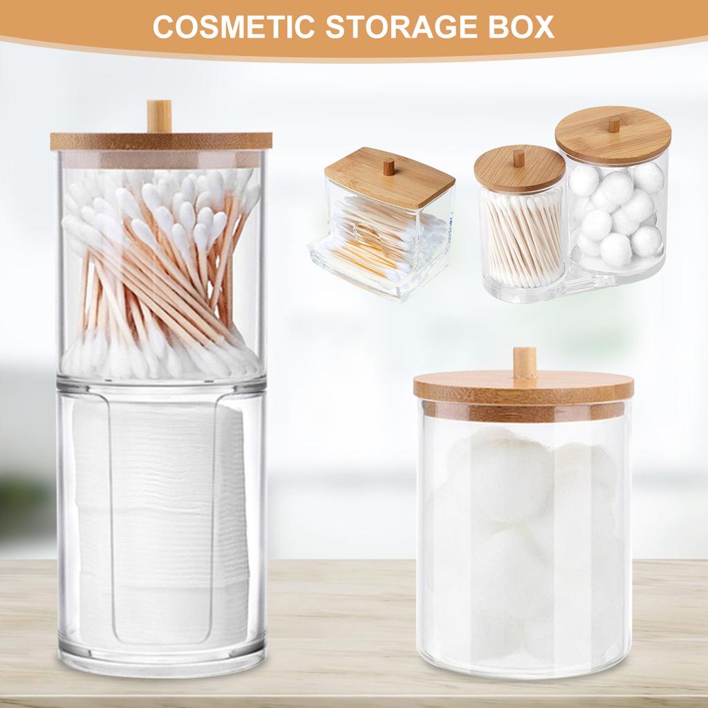 Bathroom Acrylic Storage Box Jar Makeup Organizer Cotton Round Pad Holder Cotton Swab Box Qtip Holder Dispenser with Bamboo Lid