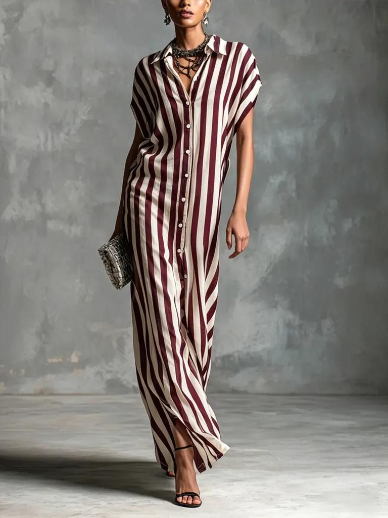 European and American Independent Station Cross-border Fashion Loose Lapel Long Striped Summer Popular Short Sleeve Women's Shirt Dress