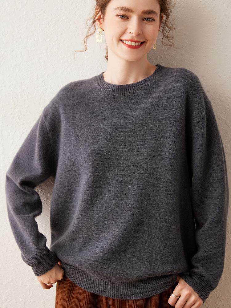 Women's Cashmere Round Neck Pullover Sweater - Autumn/Winter Thick Knit Base Layer