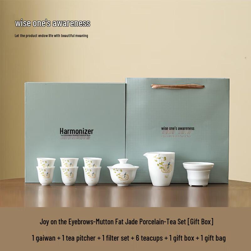 

White Porcelain Tea Set with Auspicious Magpie Pattern