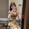 2024 Summer Plaid Retro Suit: Elegant Short-Sleeve Shirt & Ruffle Puffy Skirt for Women