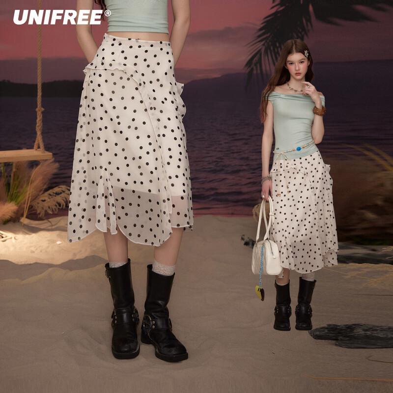 UNIFREE Retro Polka Dot A-Line Midi Skirt M