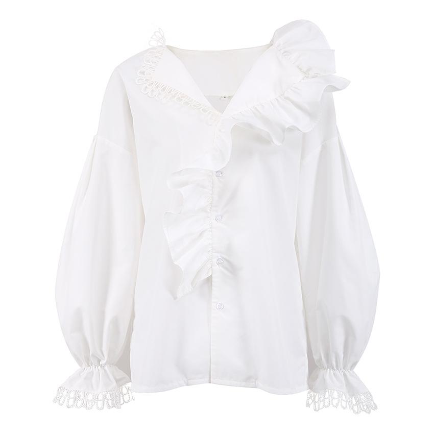 Women's Long Sleeve Blouse V Neck Ruffled Edges Lace Trimmed Shirt Elegant Patchwork Design Lightweight Fabric Suitable for Spring
