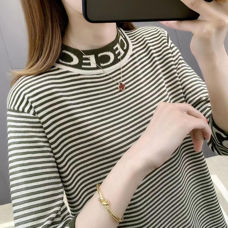 Slim Three-quarter Sleeve Mercerized Cotton Letter Half Turtleneck Sweater T-shirt Top for Women Spring and Autumn Korean