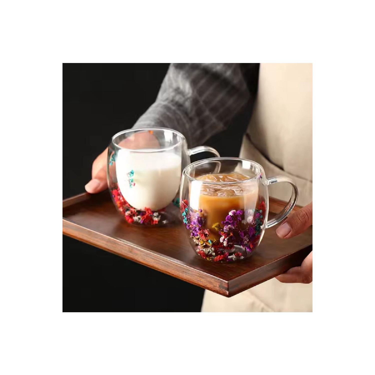 

Double Walled Borosilicate Glass Cup Mug With Dried Flowers