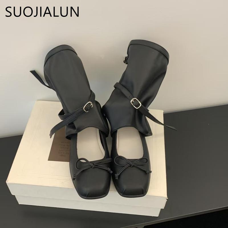 Fashion SUOJIALUN Autumn Women Medium Boots Round Toe Hollow Ladies Elegant Outdoor Dress Short Boots Flat Heel Outdoor Chelsea Boots