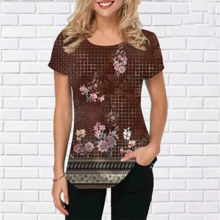 Summer Round Neck 3D Retro Floral pattern Print Top Fashionable Casual Short Sleeved Women's T-shirts