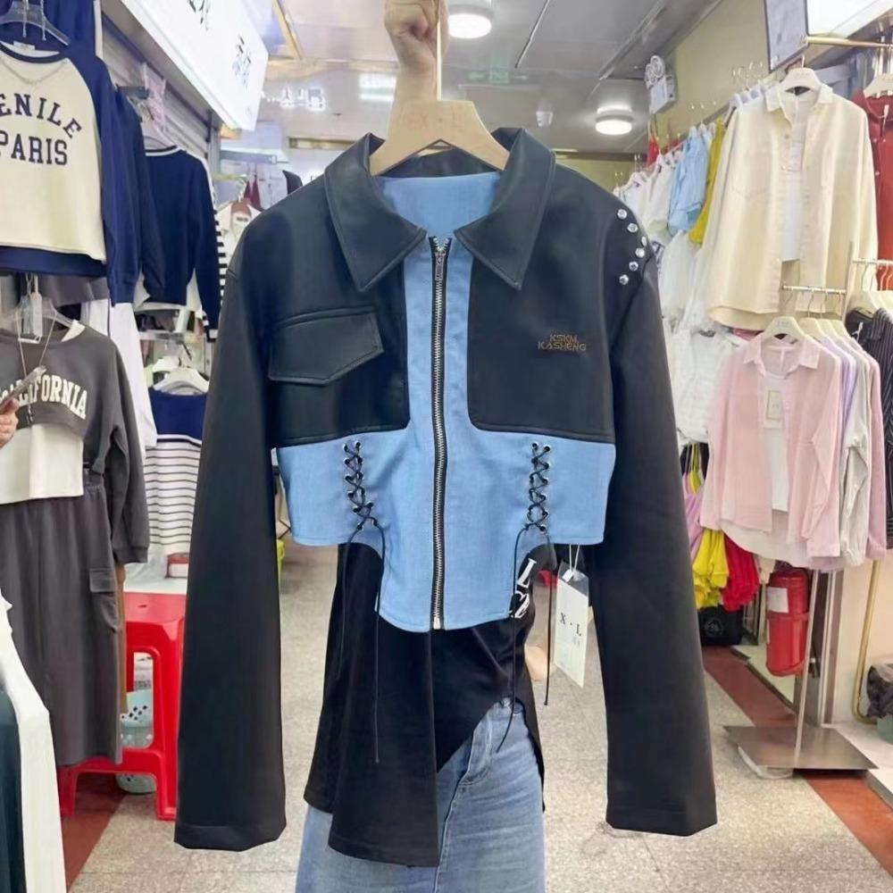 High-end Color-blocked Lace-up Lapel PU Leather Short Jacket for Women In Autumn New Style Fashionable Design Versatile Top