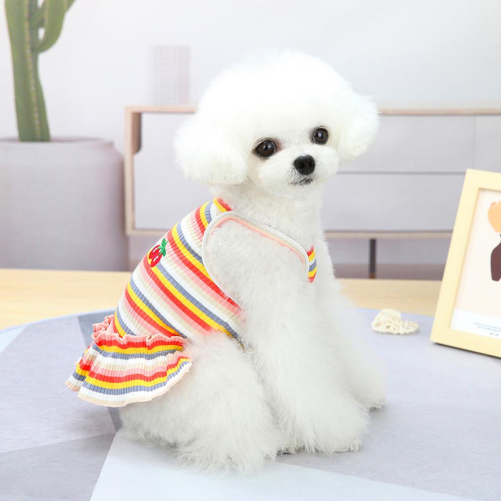 Dog Clothes Summer Thin Small Dog Teddy Princess Dress Suspender Bichon Frize Cat Color Strip Embroidered Cherry