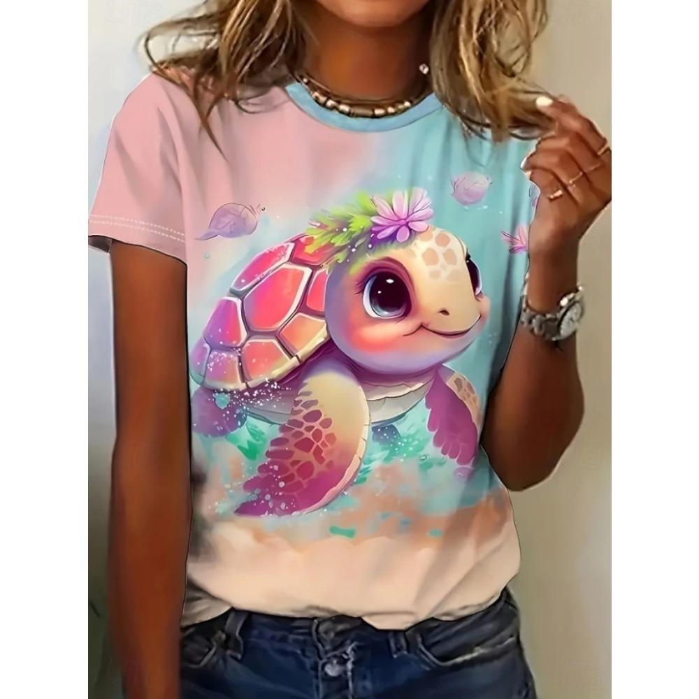 Tricou de Damă Retro Creativ cu Imprimeu Model Broască Țestoasă Funny Casual cu Gât Rotund Mânecă Scurtă Tricou de Vară pentru Femei