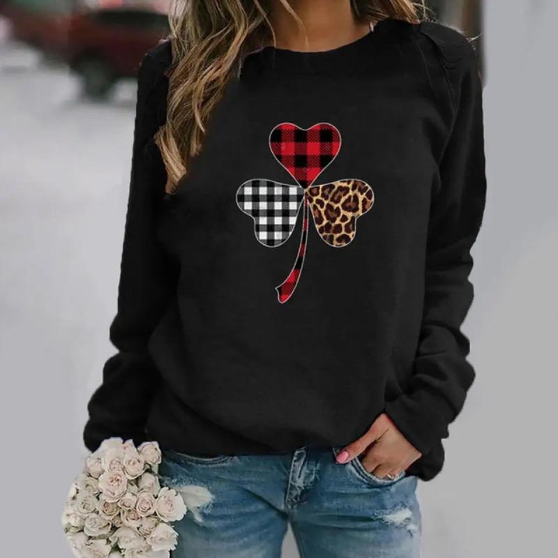 Winter Women's Long Sleeve Tops Elegant 3d Clover Printed Casual Round Neck Long Sleeve Sweatshirts Hoodies Women Clothing