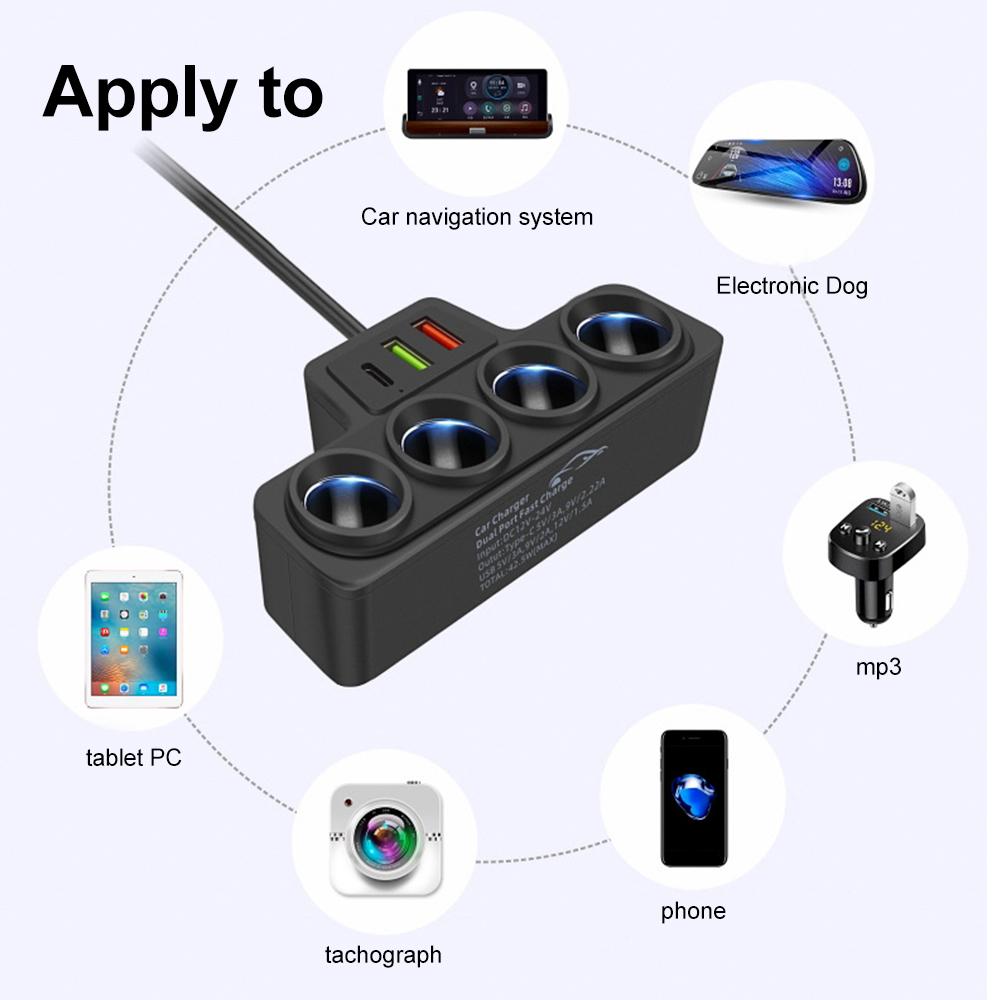 4 in1 Socket 3.1A Car Cigarette Lighter Adapter 12V/24V Charger Charger Plug Phone Power Adapter for Car DVR Dashcam