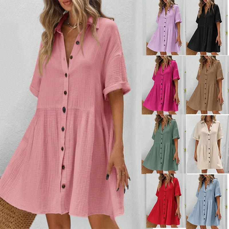 

Women s Casual Shirt Dress with Turn-Down Collar, Short Sleeves, A-Line Loose Fit, Multiple Colors S рожевий