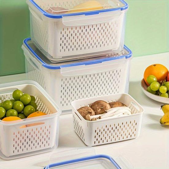 Food Storage Container with Drain Basket BPA Free Large Capacity Leak Resistant Fridge Vegetable Organizer Box