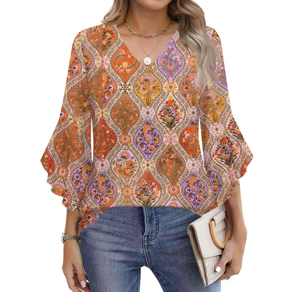 Blouses For Women Dressy Casual 3/4 Length Sleeve Womens Tops V Neck Tshirts Shirts With Flared Sleeve