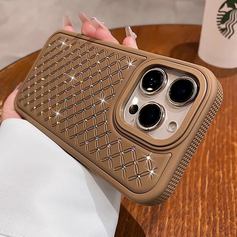 Luxury Bling Sparkling Diamond Rhinestones Case for iPhone 12 13 14 15 16 17 Pro Max Lattice Texture Soft Silicone Bumper Cover