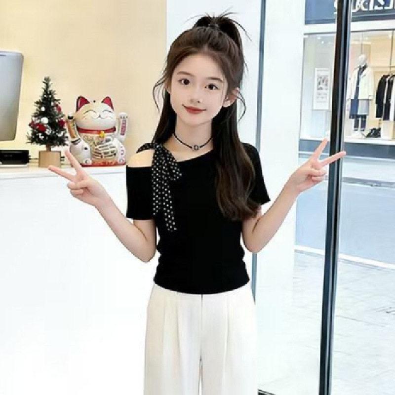 Girls Summer Fashion Off Shoulder Short Sleeve T Shirt Trendy Top for Big Kids 120