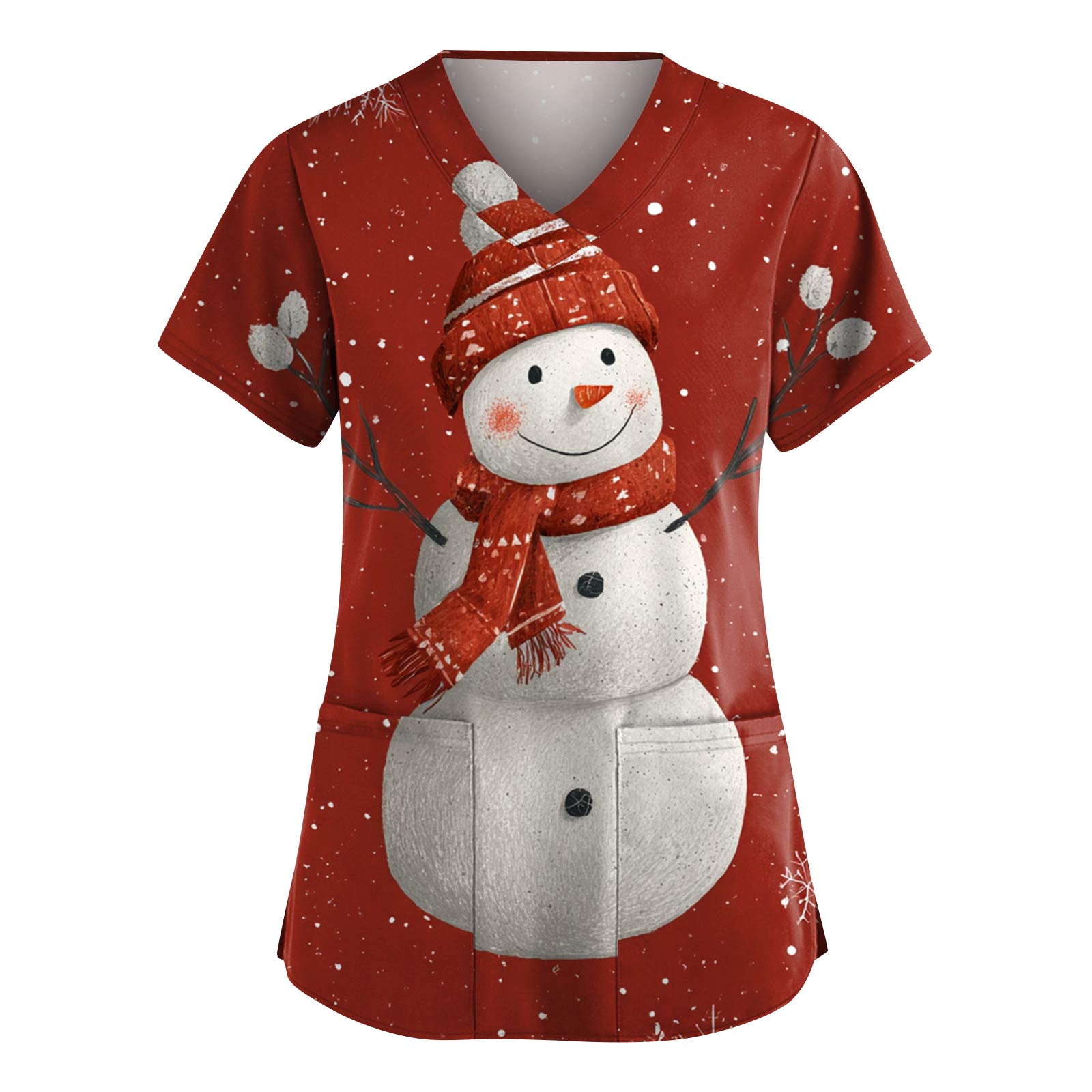 

Женская модная рабочая одежда с V-образным вырезом и короткими рукавами, с карманами, топ с рождественским принтом, униформа для сиделки XL киноварь