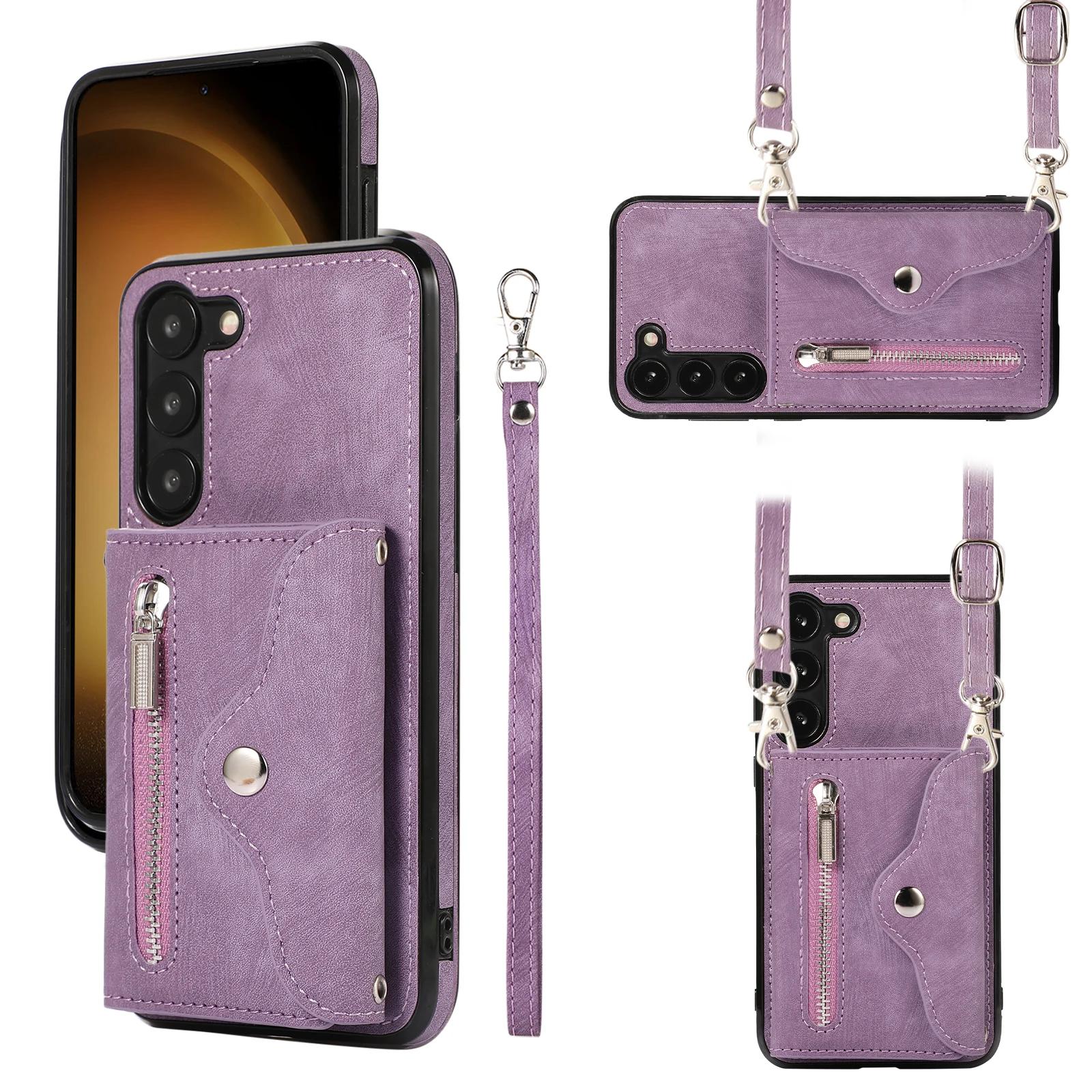 

Long Lanyard Zipper Wallet Leather Cards Solt Case for Samsung Galaxy S25 Ultra S24 S23 S22 S21 FE A55 A35 A15 Crossbody Cover For Samsung A15 фіолетовий
