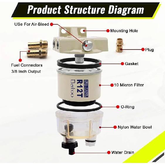 R12T Fuel Filter Water Separator Complete Kit - Marine SPIN-ON R12T Filter Replaces S3240 120AT NPT ZG1/4-19 Fit 3/8 Inch NPT Ou