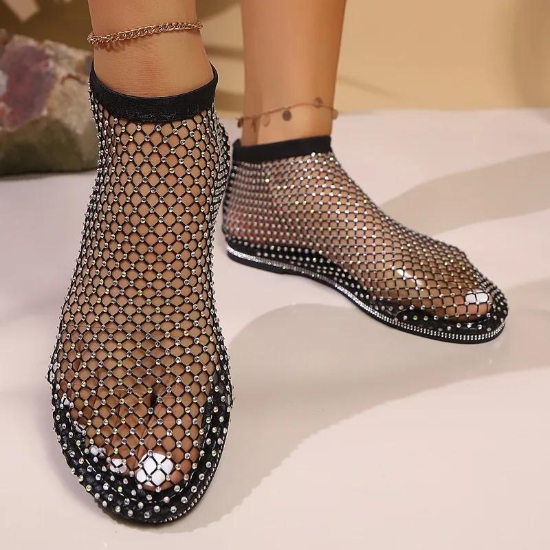 Women's Large Size Sandals Rhinestones One Kick Mesh Upper Flat Sole Shoes Women Leisure Breathable Roman New Sandalias De Mujer